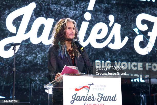 Steven Tyler speaks onstage the Jam for Janie GRAMMY Awards Viewing Party presented by Live Nation at Hollywood Palladium on February 04, 2024 in Los...
