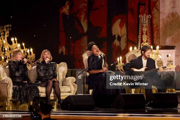 Jess Wolfe and Holly Laessig of Lucius, Allison Russell, and Blake Mills performs onstage during the 66th GRAMMY Awards at Crypto.com Arena on...