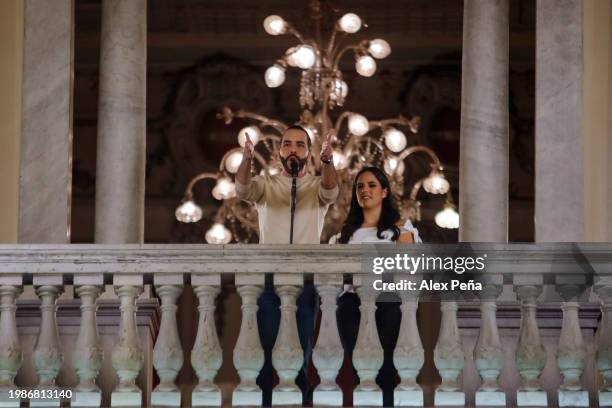 Nayib Bukele president of El Salvador speaks alongside his wife Gabriela Rodriguez de Bukele after the presidential election on February 04, 2024 in...