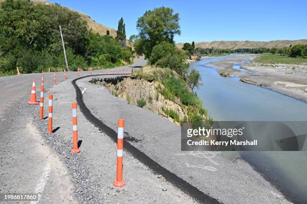 Washed out section of road at Dartmoore on February 04, 2024 in Napier, New Zealand. Cyclone Gabrielle, which hit Hawke's Bay between Feb. 12 and 16...