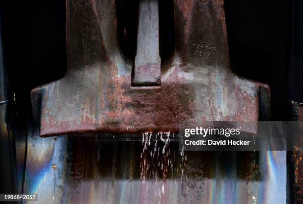 Water drops from the anchor of the German Navy frigate "Hessen" depart for deployment in the Red Sea on February 8, 2024 in Wilhelmshaven, Germany....