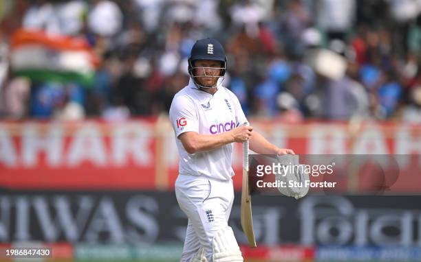 England batsman Jonny Bairstow leaves the field after being given out after review during day four of the 2nd Test Match between India and England at...