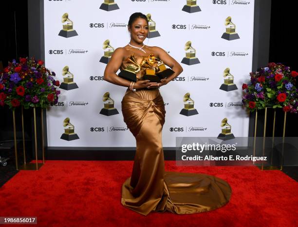 Victoria Monét, winner of the "Best New Artist, Best Engineered Album, and Best R&B Album" award for "Jaguar II", poses in the press room during the...