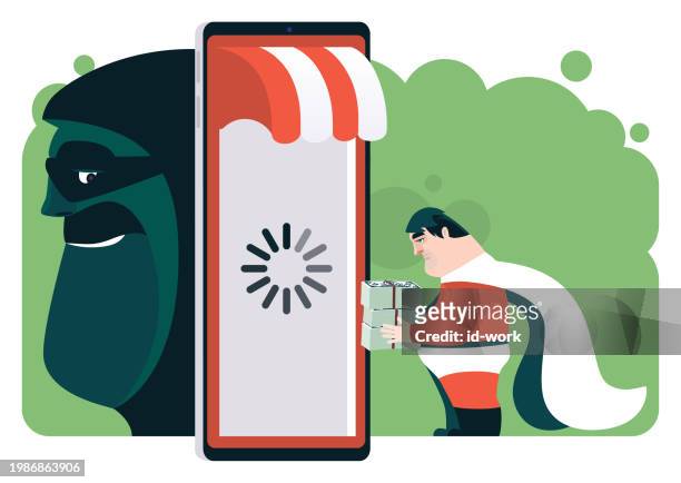 fat superhero holding stack of banknotes and looking at loading icon on smartphone online store - wasting time and money stock illustrations
