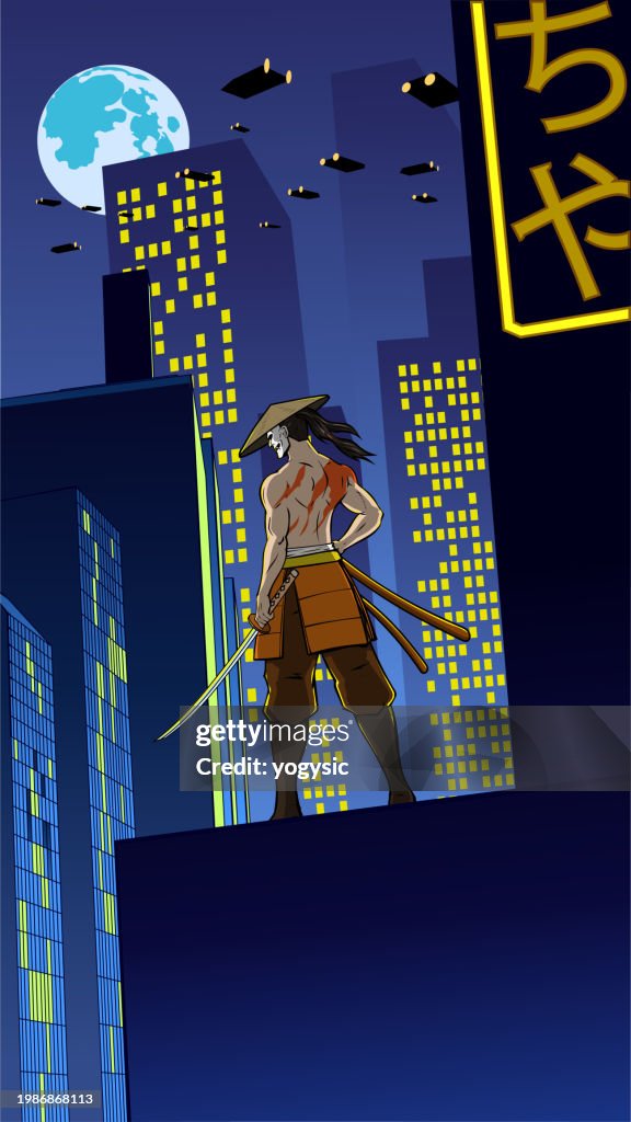 Vector Anime Samurai in a Cyberpunk City Setting Vector Illustration