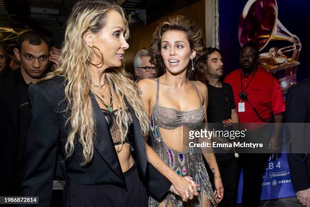 Tish Cyrus and Miley Cyrus attend the 66th GRAMMY Awards at Crypto.com Arena on February 04, 2024 in Los Angeles, California.