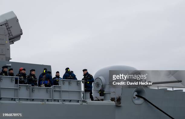 The German Navy frigate "Hessen" depart for deployment in the Red Sea on February 8, 2024 in Wilhelmshaven, Germany. The F124 type "Hessen," with its...