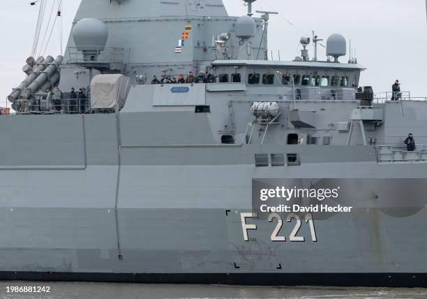 The German Navy frigate "Hessen" depart for deployment in the Red Sea on February 8, 2024 in Wilhelmshaven, Germany. The F124 type "Hessen," with its...