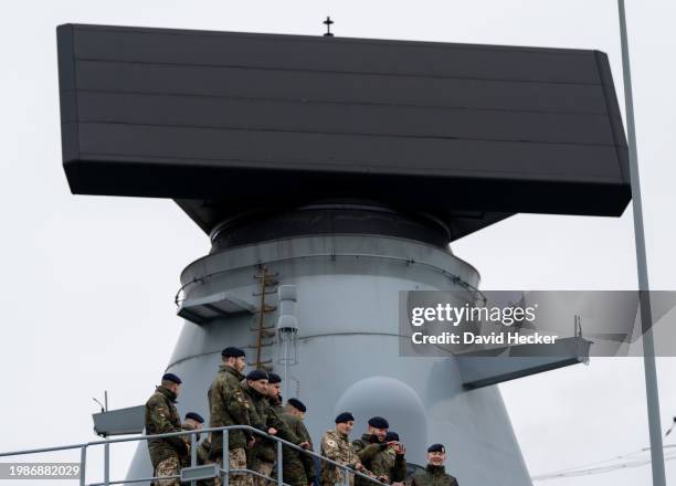 Sailors of the German Navy frigate "Hessen" prepare to depart for deployment in the Red Sea on February 8, 2024 in Wilhelmshaven, Germany. The F124...