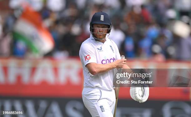 England batsman Jonny Bairstow leaves the field after being given out after review during day four of the 2nd Test Match between India and England at...