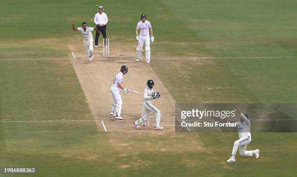 India bowler Ravi Ashwin has England batsman Ollie Pope caught at slip by Rohit Sharma during day four of the 2nd Test Match between India and...