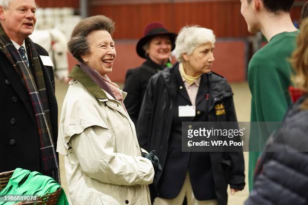 Princess Anne, The Princess Royal and Vice Patron of the British Horse Society during a visit to Wormwood Scrubs Pony Centre on February 8, 2024 in...
