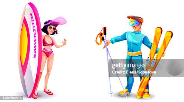 saisonales outdoor-aktivitätskonzept im cartoon-stil. junges paar: ein mädchen im badeanzug mit surfbrett und ein junger mann im sportskianzug mit skiern. kreatives, stilvolles charakterpaar. - isolated colour stock-grafiken, -clipart, -cartoons und -symbole