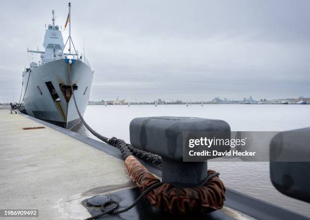 The German Navy frigate "Hessen" is moored before depart for deployment in the Red Sea on February 8, 2024 in Wilhelmshaven, Germany. The F124 type...