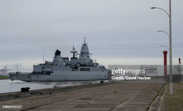 The German Navy frigate "Hessen" depart for deployment in the Red Sea on February 8, 2024 in Wilhelmshaven, Germany. The F124 type "Hessen," with its...