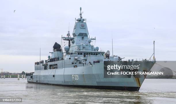 The frigate F 221 Hessen of the German Bundesmarine navy leaves its home port Wilhelmshaven for the Mediterranean Sea on February 8, 2024. The vessel...