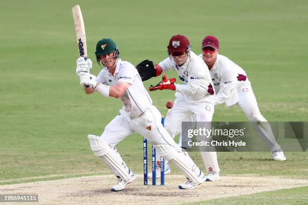 Jordan Silk of Tasmania bats during the Sheffield Shield match between Queensland and Tasmania at The Gabba, on February 05 in Brisbane, Australia.