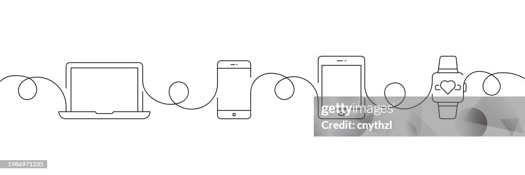 Continuous One Line Drawing Electronic Devices Icons Concept. Single Line Vector Illustration. Laptop, Mobile Phone, Tablet PC, Smart Watch.