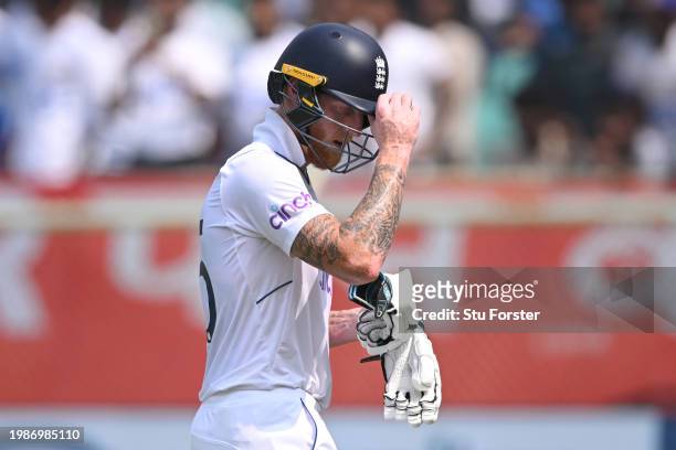 England captain Ben Stokes leaves the field after being run out by Shreyas Iyer of India during day four of the 2nd Test Match between India and...