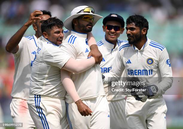 Shreyas Iyer of India celebrates with teammates after running out England captain Ben Stokes during day four of the 2nd Test Match between India and...