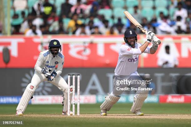 Ben Stokes of England bats watched by India wicketkeeper Srikar Bharat during day four of the 2nd Test Match between India and England at ACA-VDCA...