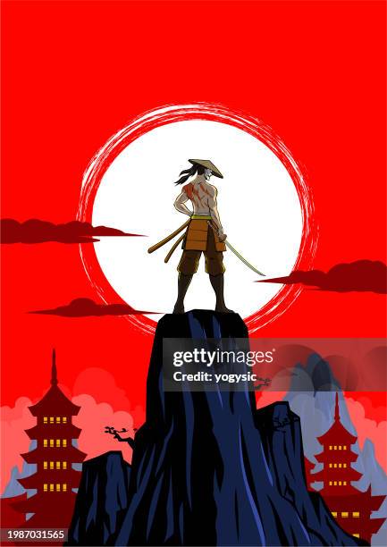 stockillustraties, clipart, cartoons en iconen met vector masked samurai in a japanese setting rear view vector illustration - anime