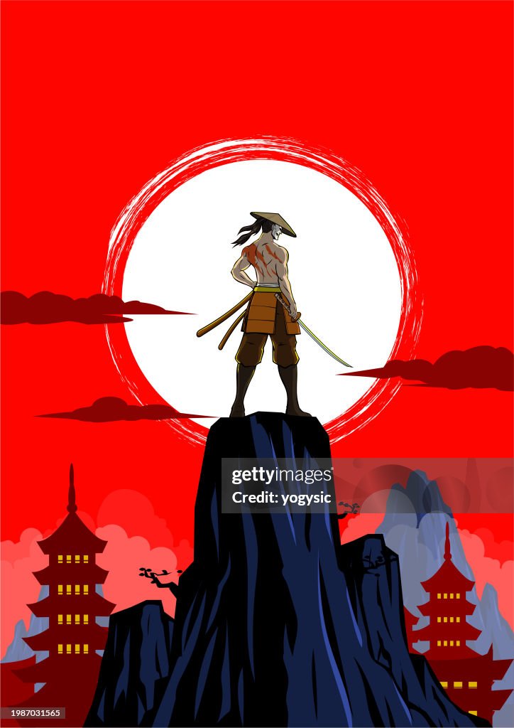 Vector Masked Samurai in a Japanese Setting Rear View Vector Illustration