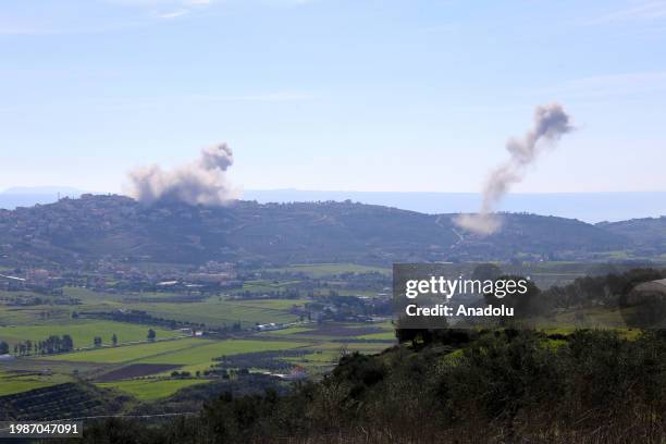 Smokes rise from the targeted areas as a result of the Israeli army's attacks on Hezbollah targets in the town of Khiyam of Nabatieh Governorate in...