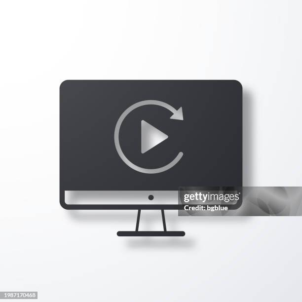 replay on desktop computer. icon with shadow on white background - white play button stock illustrations