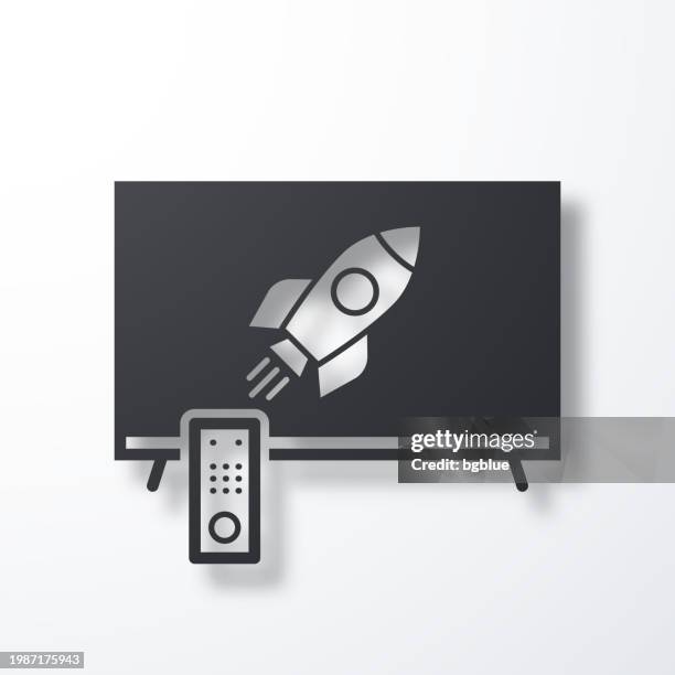 tv with rocket. icon with shadow on white background - watching rocket launch stock illustrations