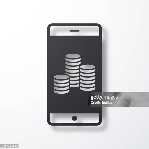 smartphone with stack of coins. icon with shadow on white background - coin stack white background stock illustrations