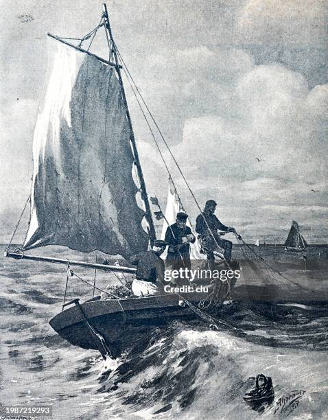 stockillustraties, clipart, cartoons en iconen met fishermen on their boat, exhibiting the herring nets - haring