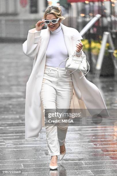 Ashley Roberts is seen leaving Global Studios on February 8, 2024 in London, United Kingdom.