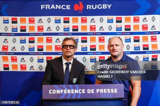 France's rugby union national team head coach Fabien Galthie and France's assistant coach William Servat address a press conference in Marcoussis,...