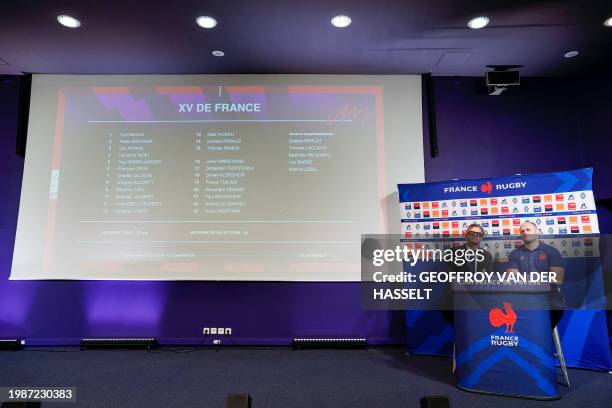 France's rugby union national team head coach Fabien Galthie and France's assistant coach William Servat address a press conference in Marcoussis,...