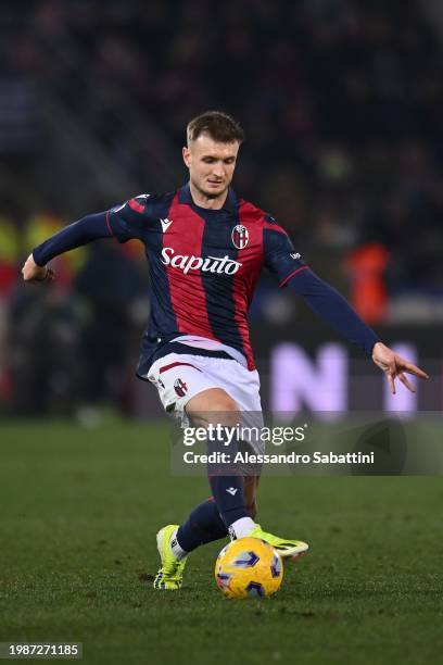 Stefan Posch of Bologna FC in action during the Serie A TIM match between Bologna FC and US Sassuolo at Stadio Renato Dall'Ara on February 03, 2024...