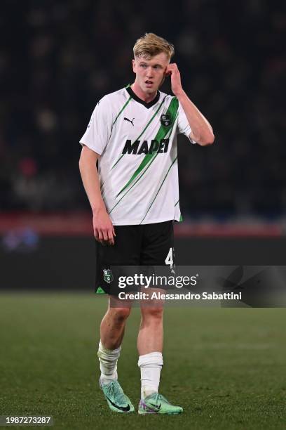 Josh Doig of US Sassuolo looks on during the Serie A TIM match between Bologna FC and US Sassuolo at Stadio Renato Dall'Ara on February 03, 2024 in...