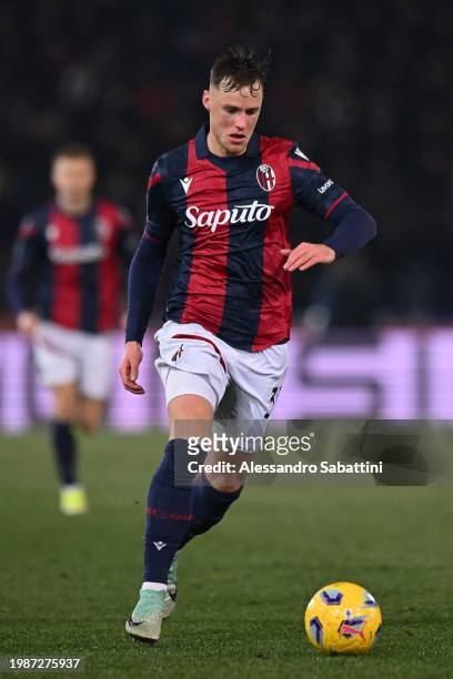 Sam Beukema of Bologna FC in action during the Serie A TIM match between Bologna FC and US Sassuolo at Stadio Renato Dall'Ara on February 03, 2024 in...