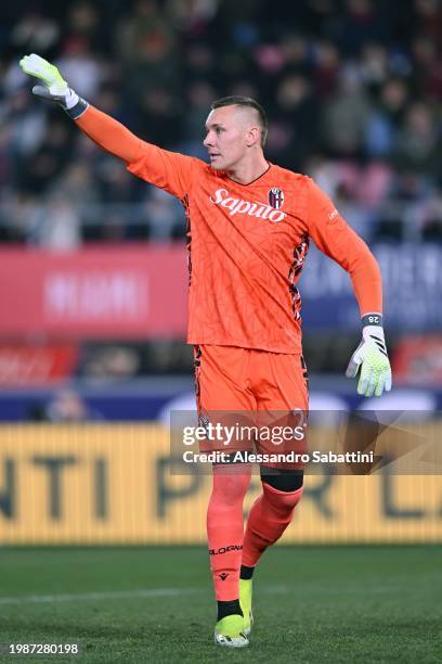 Lukasz Skorupski of Bologna FC gestures during the Serie A TIM match between Bologna FC and US Sassuolo at Stadio Renato Dall'Ara on February 03,...