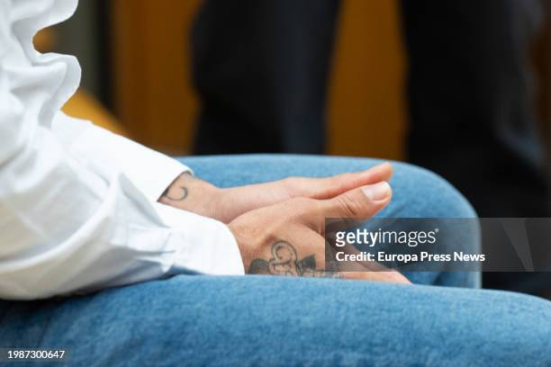The hands of ex-footballer Dani Alves during a trial at the Barcelona Court on February 5 in Barcelona, Catalonia, Spain. Alves is accused of sexual...