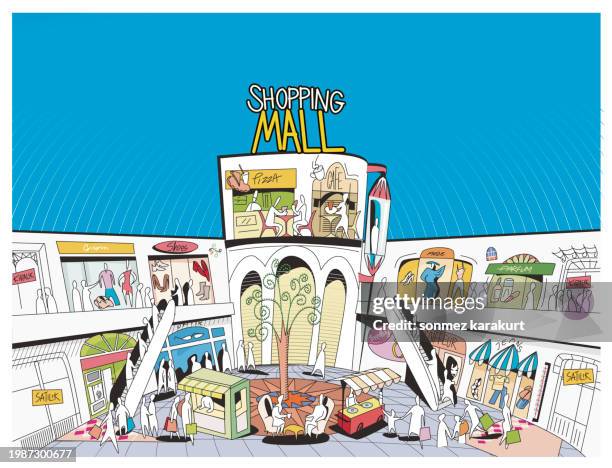 image of a cute shopping center - crowded elevator stock illustrations