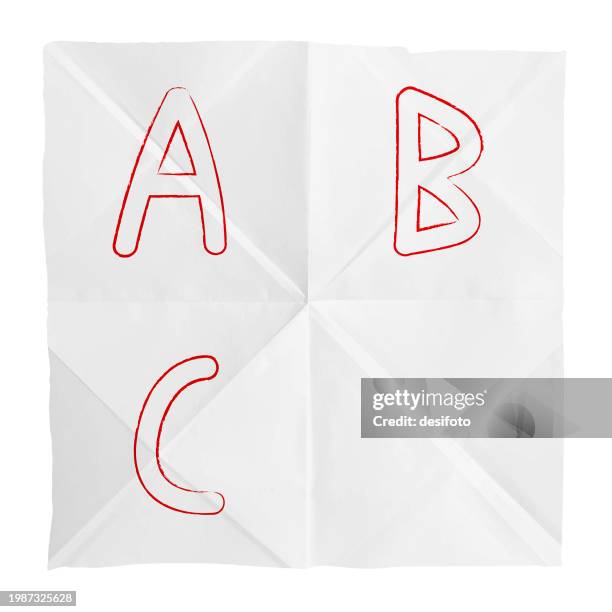 square textured crumpled back to school theme white coloured paper vector background with folds  lines and capital letter red smudged outline of alphabets a b c painted in  order with a placeholder - guess what comes next series for nursery kids - what's next stock illustrations