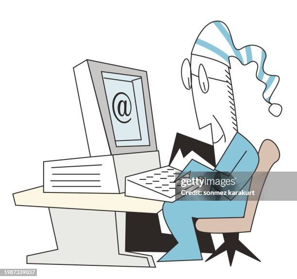 cute graphic man uses computer - old man computer stock illustrations