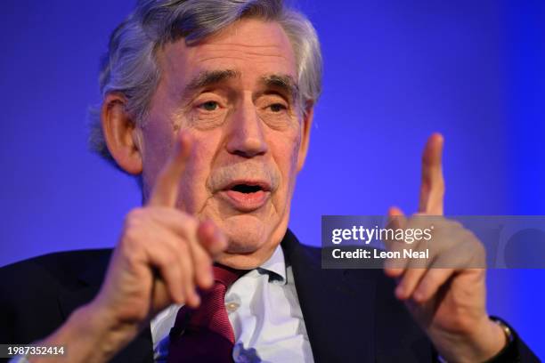 Former Prime Minister, Gordon Brown speaks during LEAD 2024 at the Queen Elizabeth II Centre on February 8, 2024 in London, England. LEAD 2024,...
