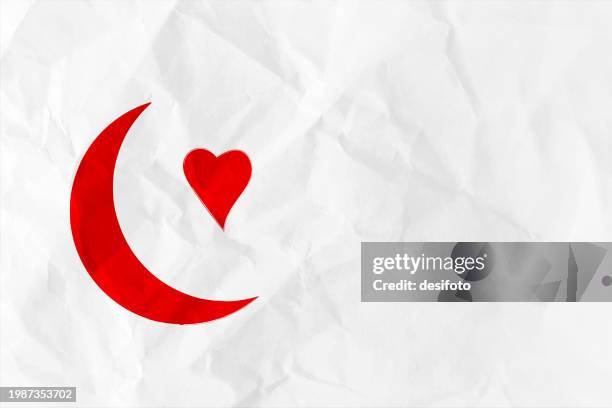 horizontal empty blank vector white crumpled paper abstract comic fun honeymoon love background- contrast vibrant red crescent moon and a cute heart shape over plain wrinkled paper backdrop with copy space - half moon stock illustrations