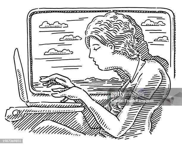 woman working on laptop in train drawing - train window view stock illustrations
