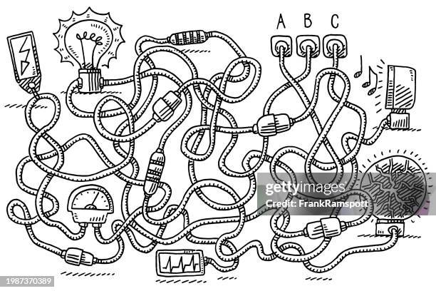 electricity cable puzzle three options drawing - power cable stock illustrations