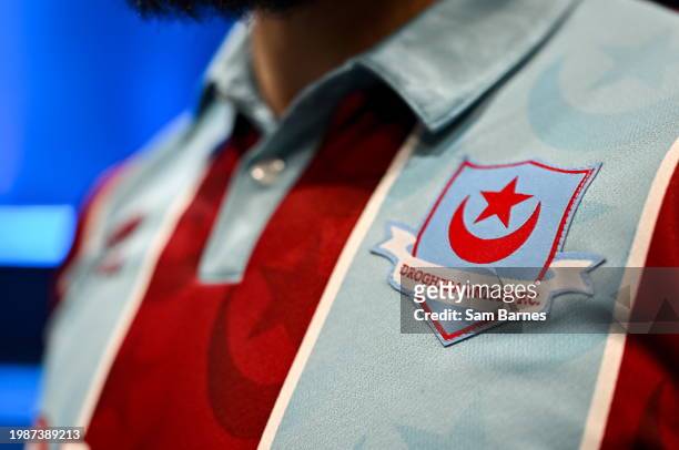 Dublin , Ireland - 7 February 2024; A detailed view of the crest on the jersey of Drogheda United at the launch of the SSE Airtricity League of...