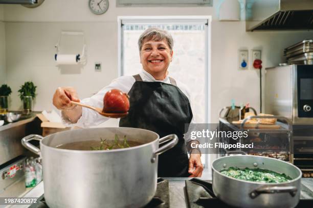 porträt einer köchin, die vor dem abendessen eine gemüsesuppe zubereitet - nebenjob stock-fotos und bilder