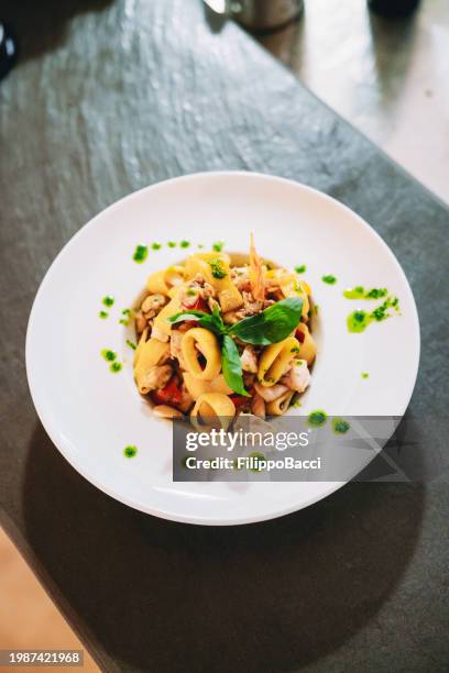 paccheri with seafood are ready to be served at the restaurant - paccheri bildbanksfoton och bilder